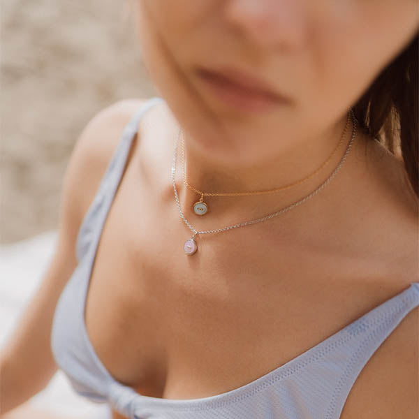 collane regolabili argento oro giallo catena sottile ciondolo bottoncino madreperla azzurra rosa made in italy