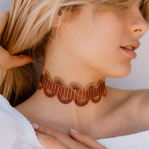 collana girocollo choker argento nastro passamaneria onde mattone made in italy