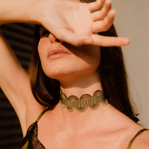 collana girocollo choker argento nastro passamaneria onde verde made in italy