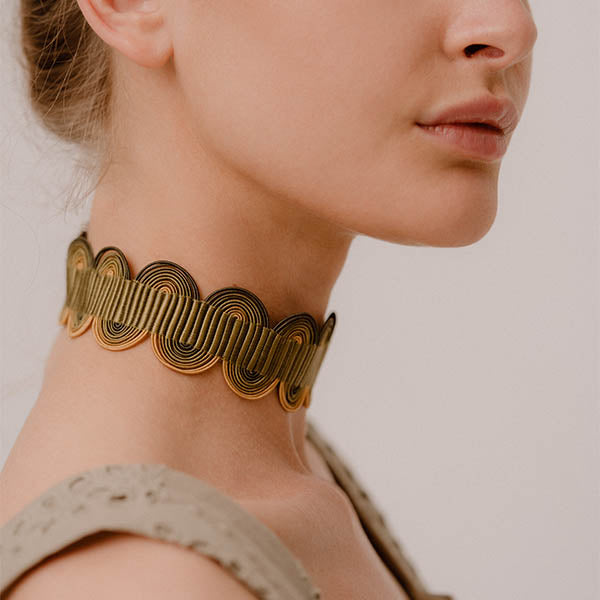 collana girocollo choker argento nastro passamaneria onde verde made in italy