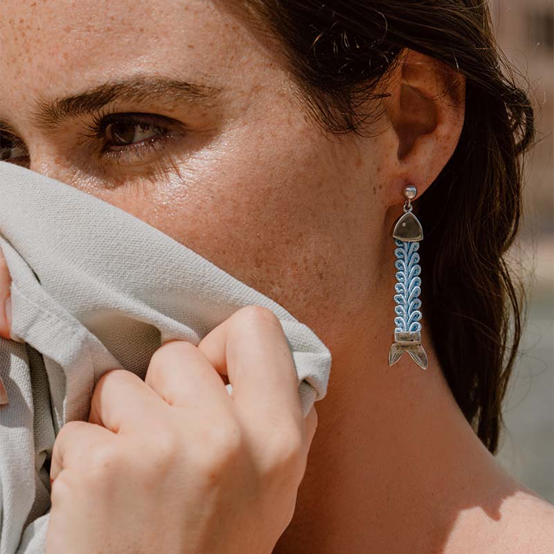 orecchini argento passamaneria tessuto pendenti pesci azzurro 