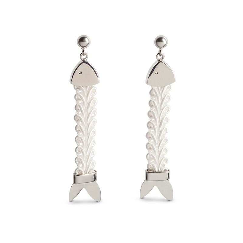 orecchini argento passamaneria tessuto pendenti pesci bianco 