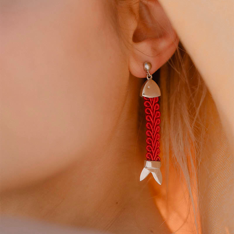 orecchini argento passamaneria tessuto pendenti pesci rosso 