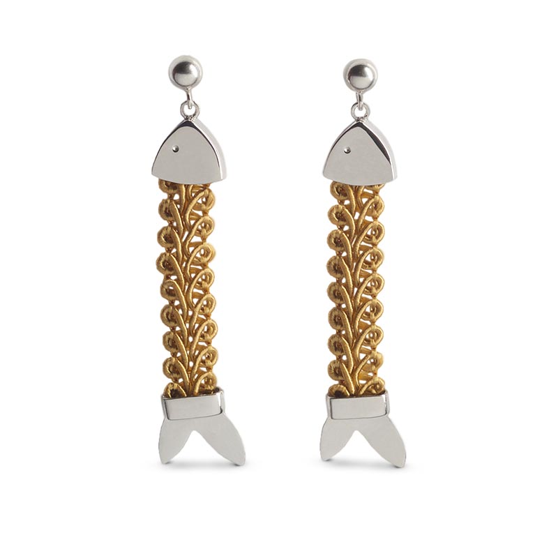 orecchini argento passamaneria tessuto pendenti pesci sabbia beige 