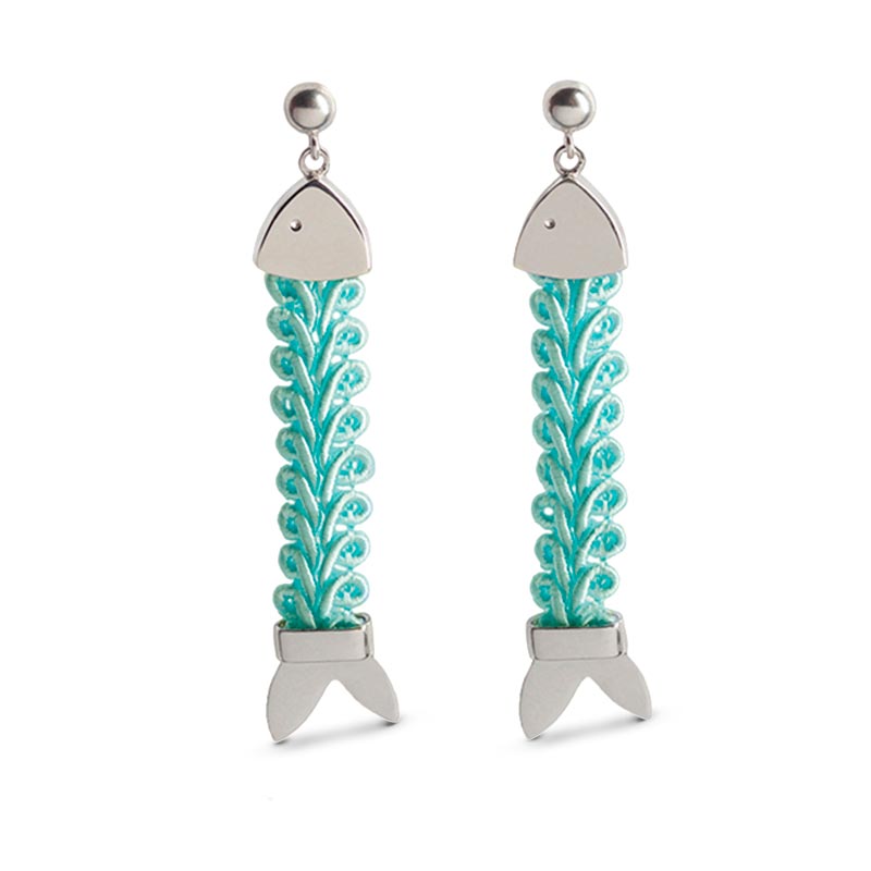 orecchini argento passamaneria nastri pendenti pesci turchese 