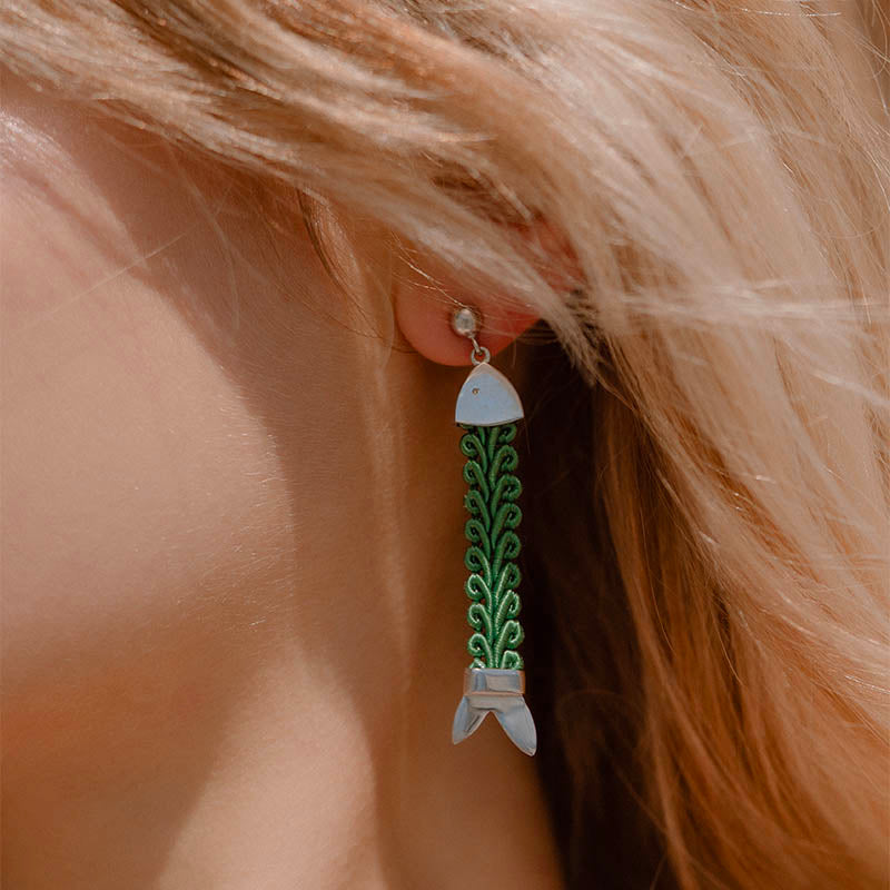 orecchini argento passamaneria tessuto pendenti pesci verde 