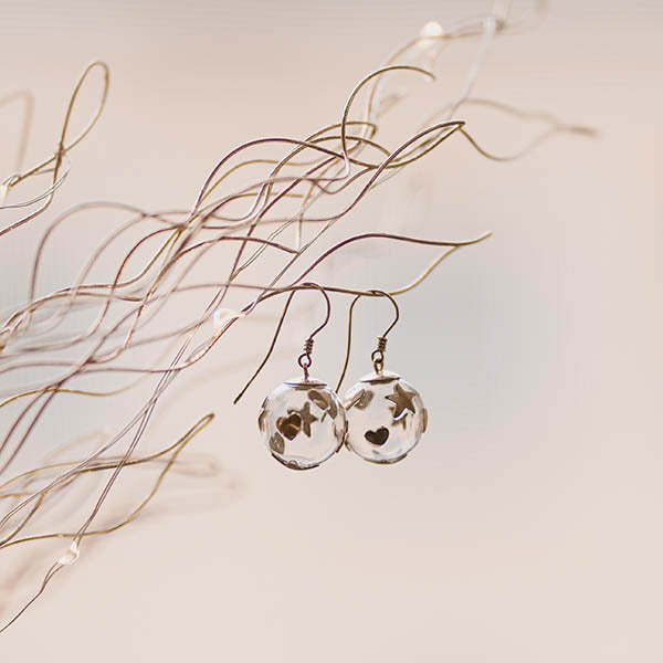 orecchini pendenti pallina vetro oro giallo stelle cuori applicati fatti a mano italia